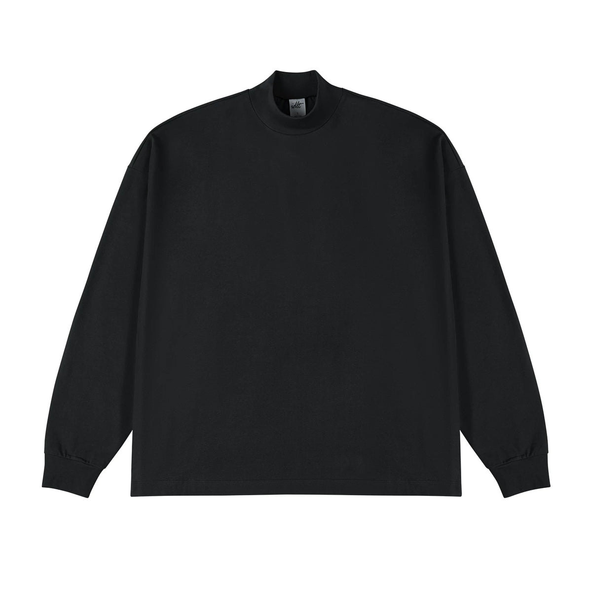 IDLT mock neck long sleeve top, black front.