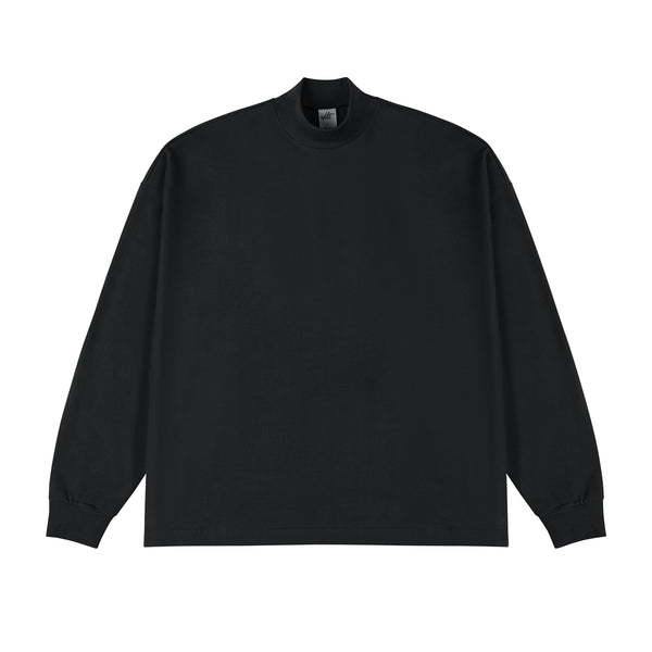 IDLT mock neck long sleeve top, black front.
