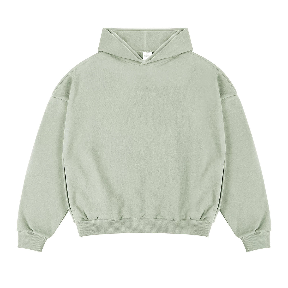 IDLT hoodie, sage green front.