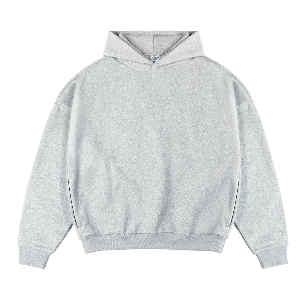 IDLT hoodie, heather gray front.