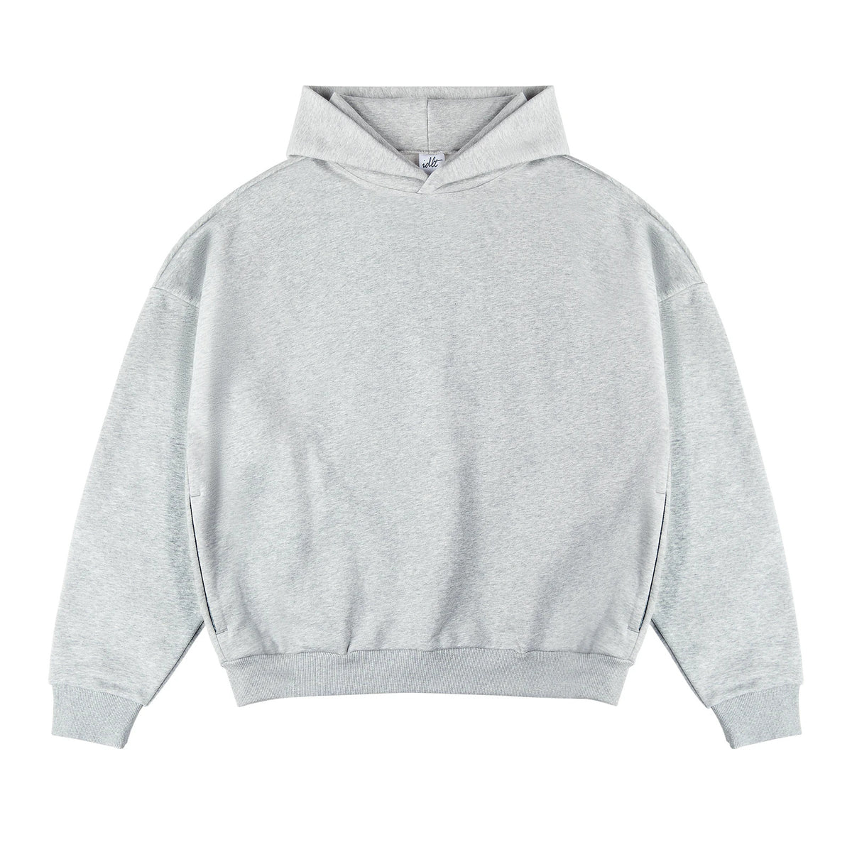IDLT hoodie, heather gray front.