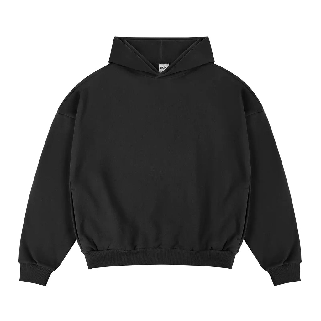 IDLT hoodie, black front.