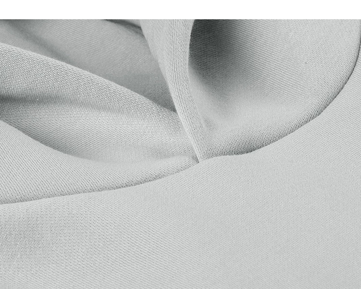 IDLT hoodie, light gray overlapping neckline.
