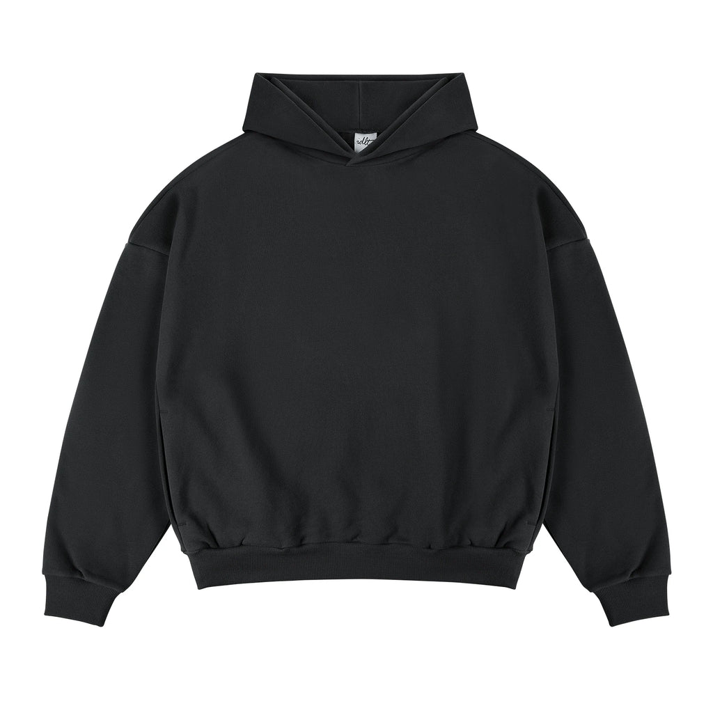 Drop-Shoulder Pullover Hoodie, black front view.