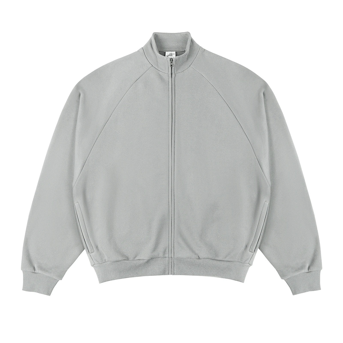 IDLT zip sweatshirt, light gray front.