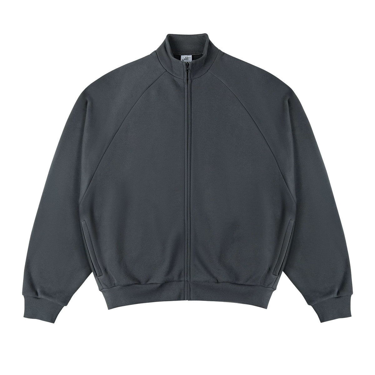 IDLT zip sweatshirt, dark gray front.