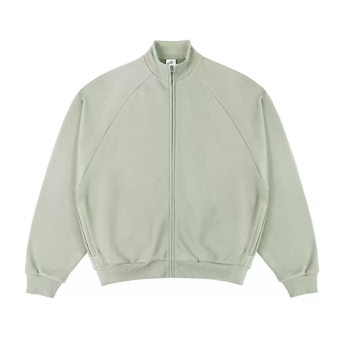 IDLT zip sweatshirt, sage green front.
