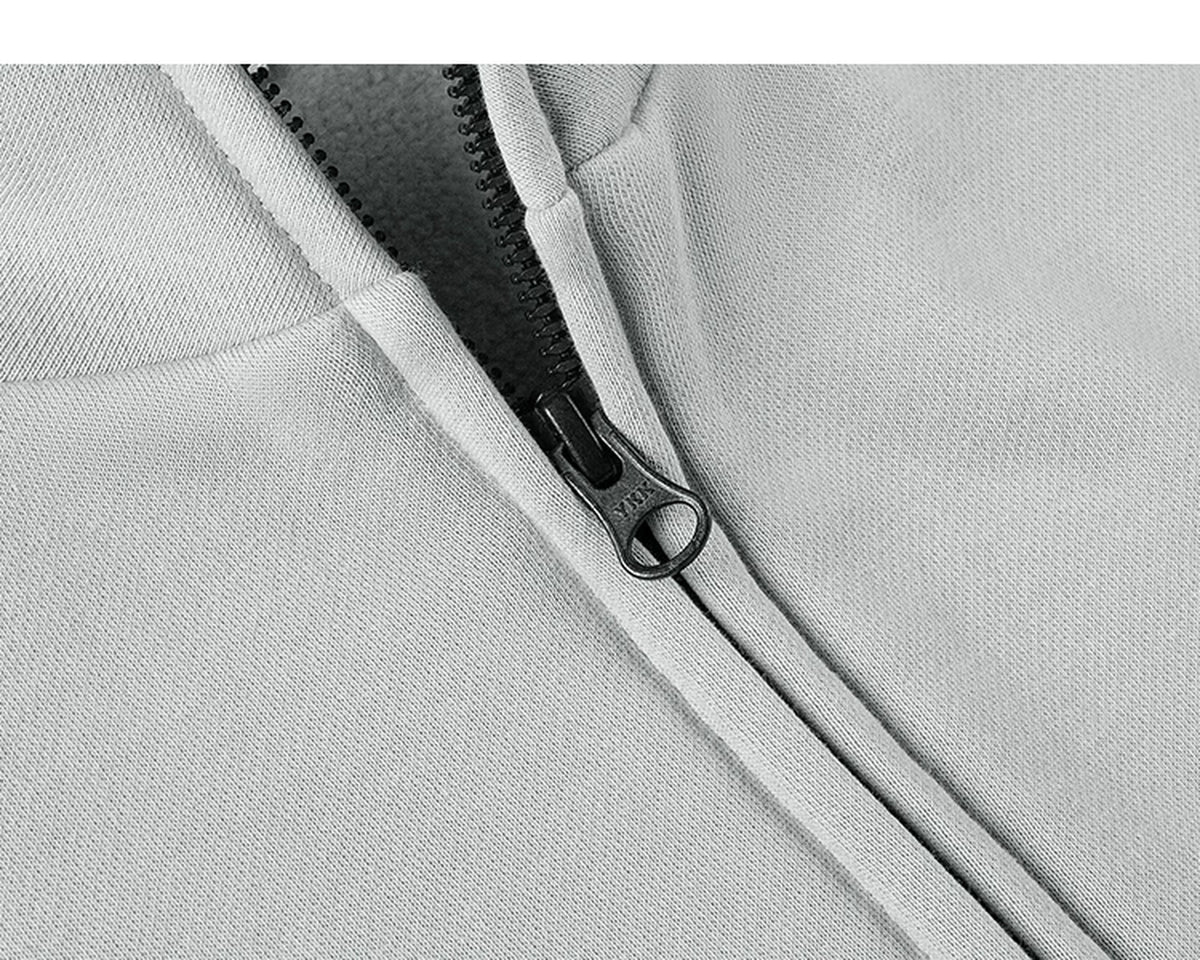 IDLT zip sweatshirt, light gray zipper.