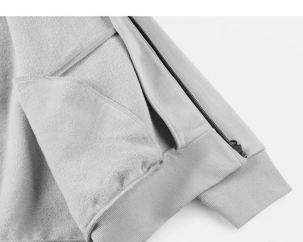 IDLT zip sweatshirt, light gray inner hem and pocket.