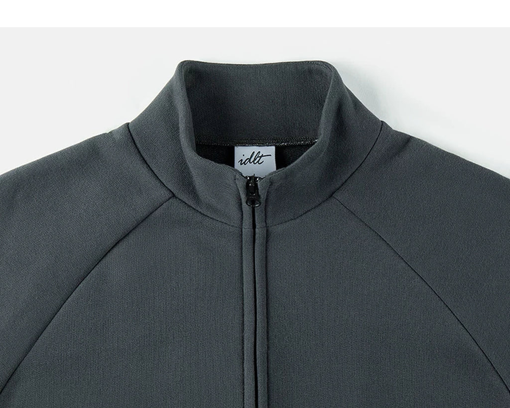 IDLT zip sweatshirt, dark gray stand collar.