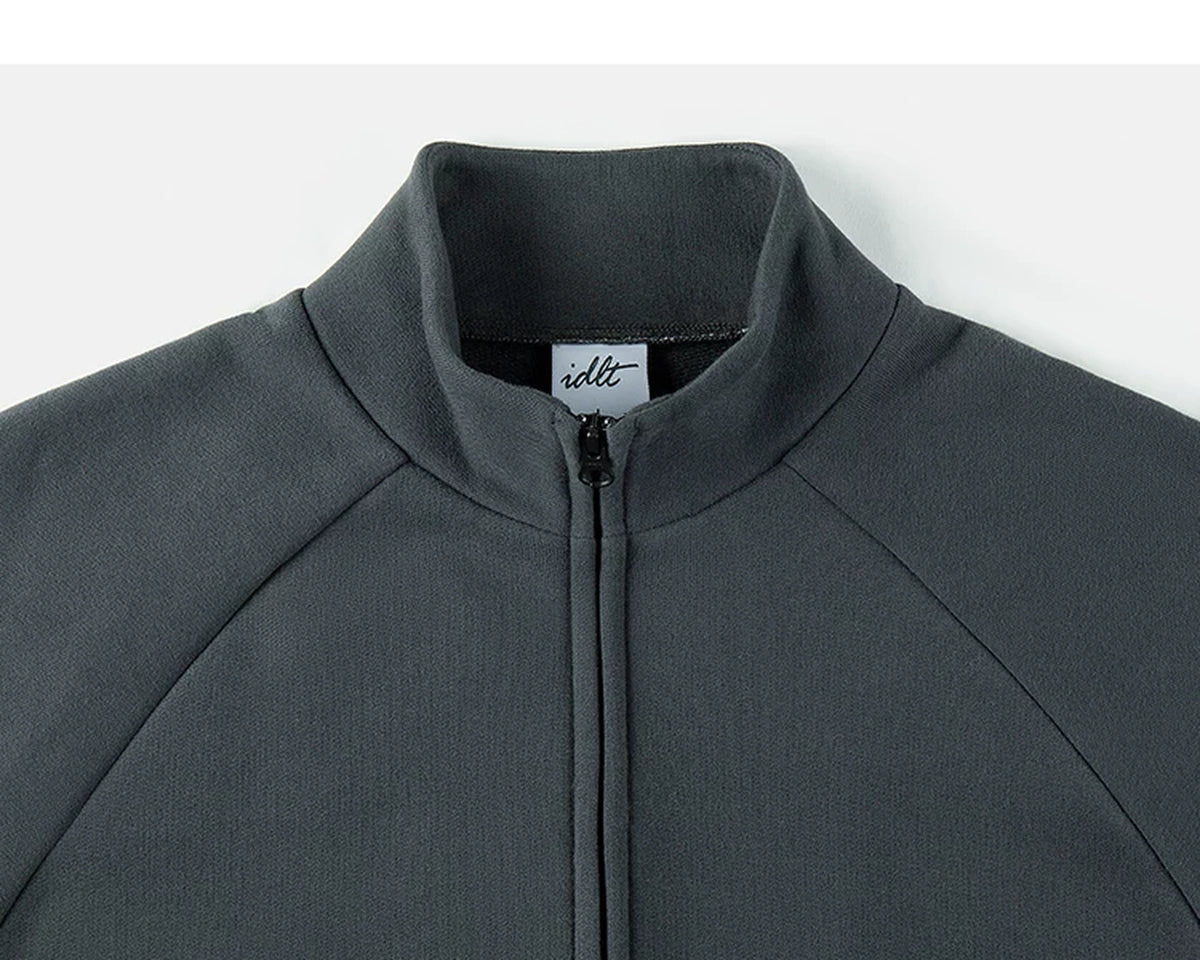 IDLT zip sweatshirt, dark gray stand collar.