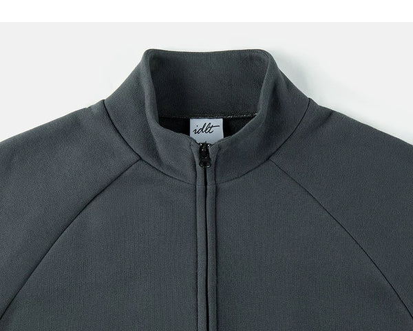 IDLT zip sweatshirt, dark gray stand collar.