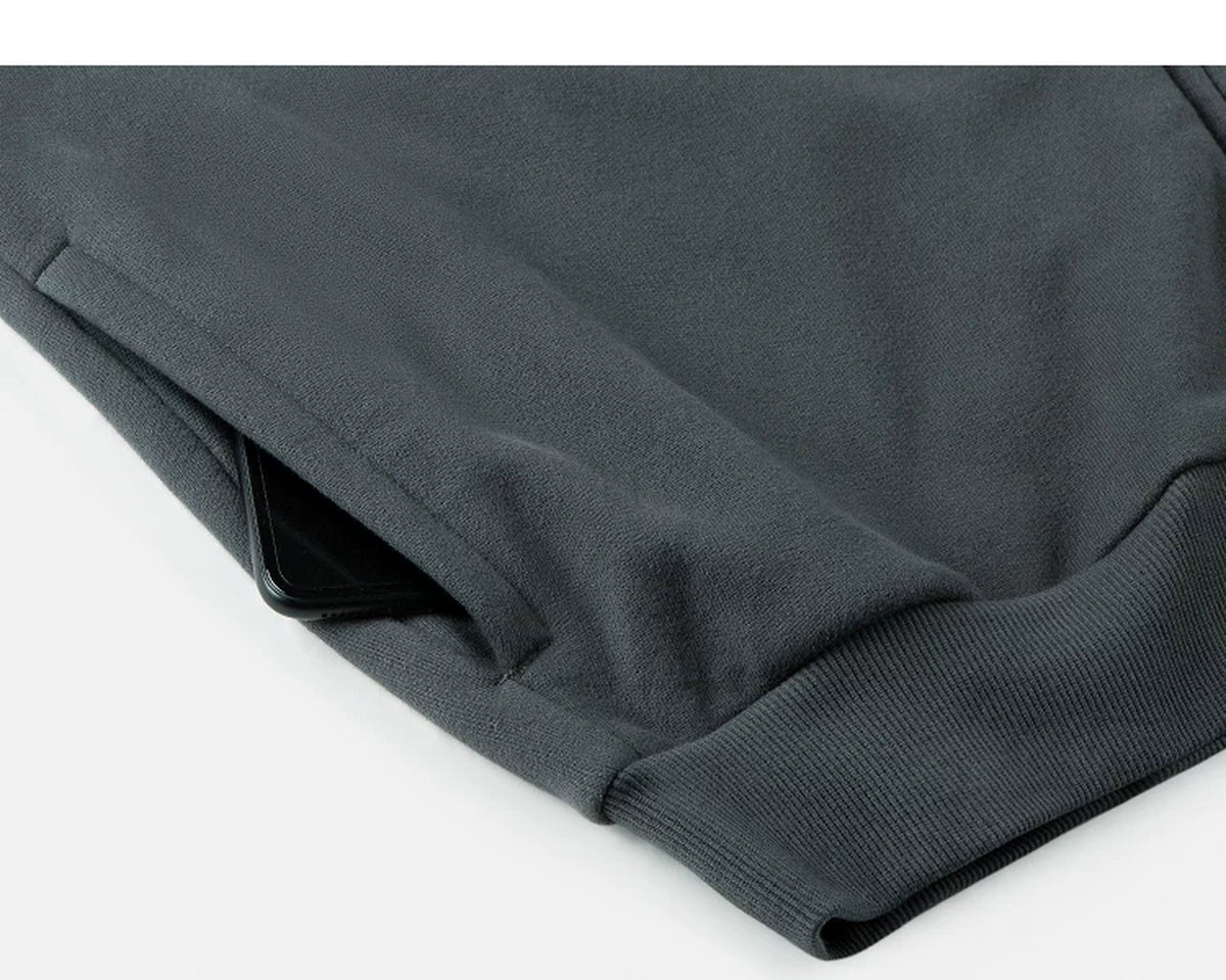 IDLT zip sweatshirt, dark gray side pocket.