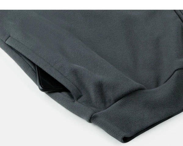 IDLT zip sweatshirt, dark gray side pocket.