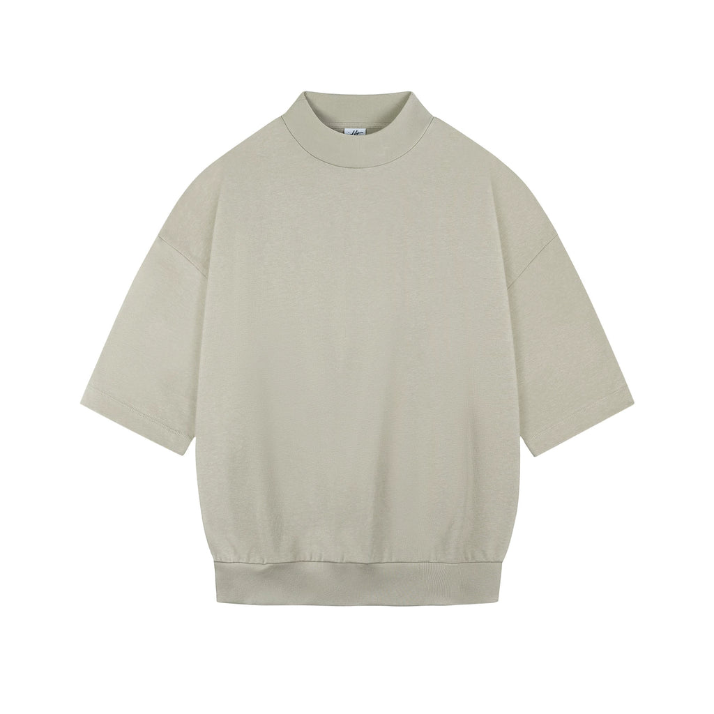 Paneled Boxy Mock-Neck Tee, khaki gray front view.