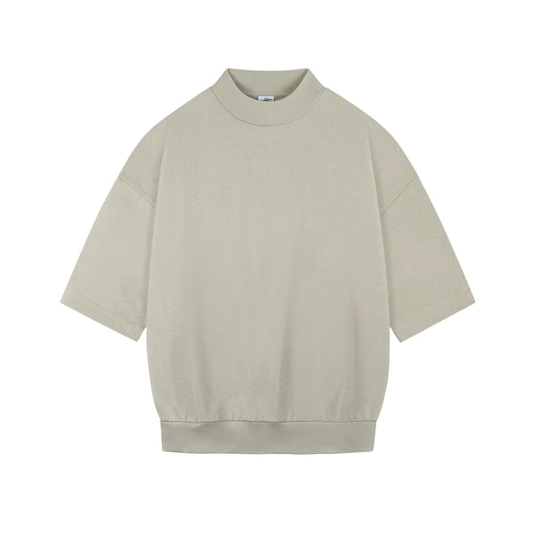 Paneled Boxy Mock-Neck Tee, khaki gray front view.