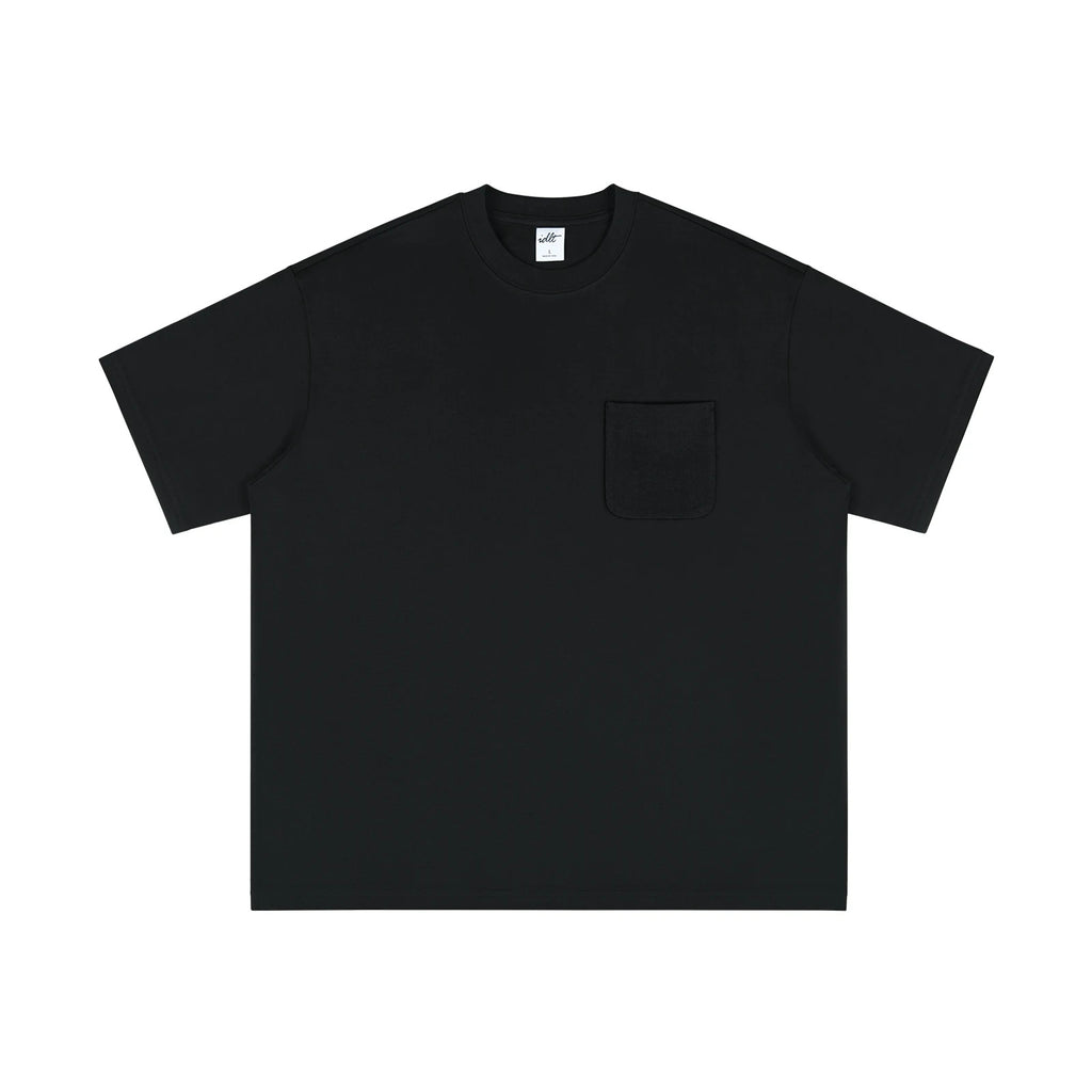 IDLT pocket T-shirt, black front.