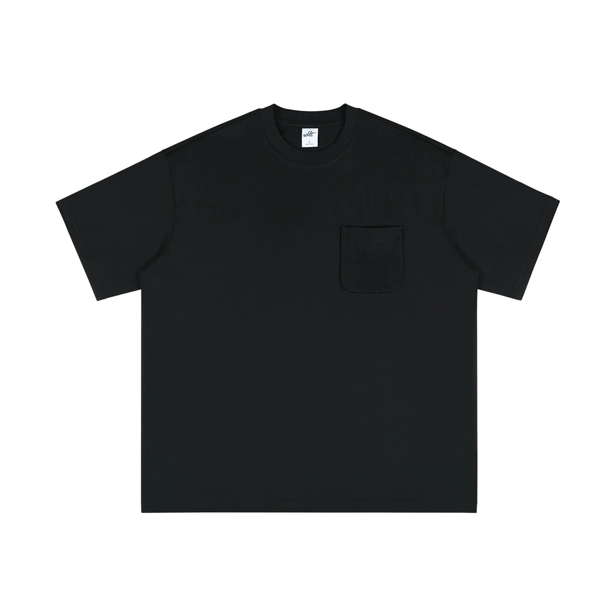 IDLT pocket T-shirt, black front.