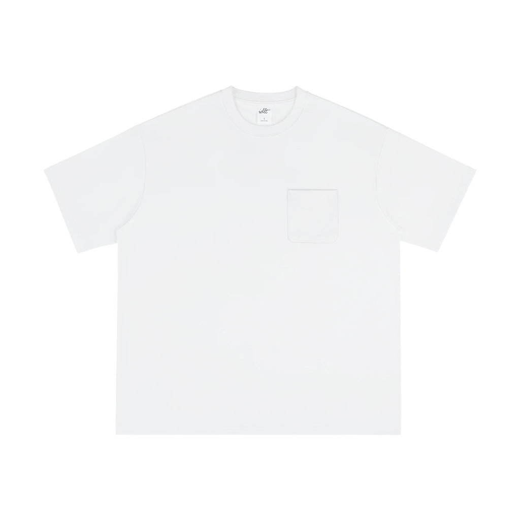 IDLT pocket T-shirt, white front.