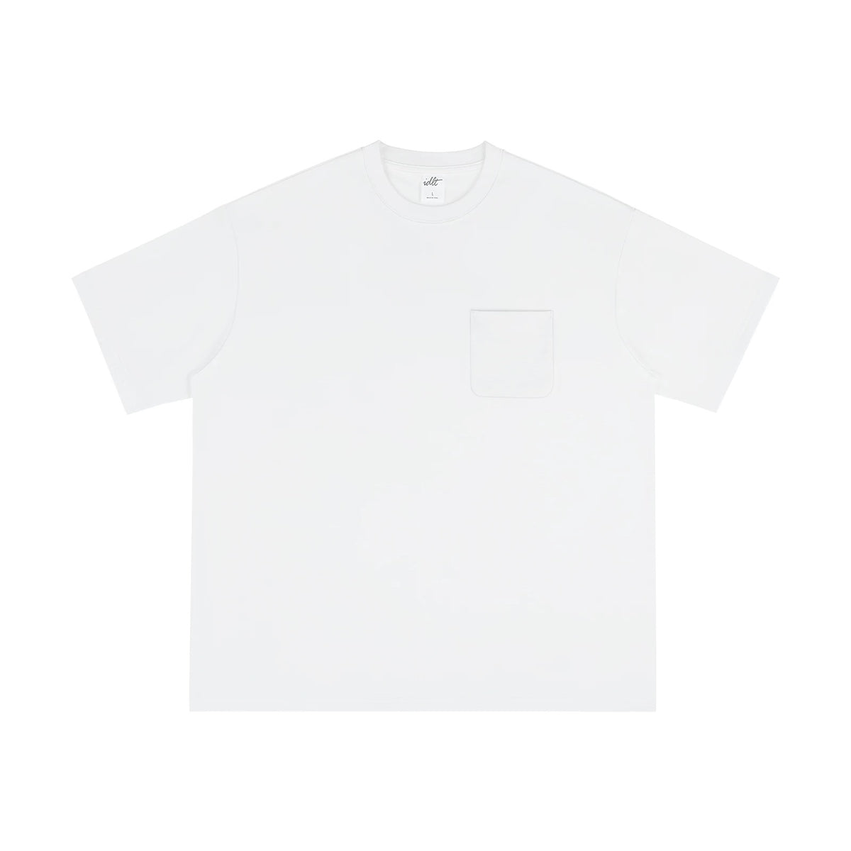 IDLT pocket T-shirt, white front.