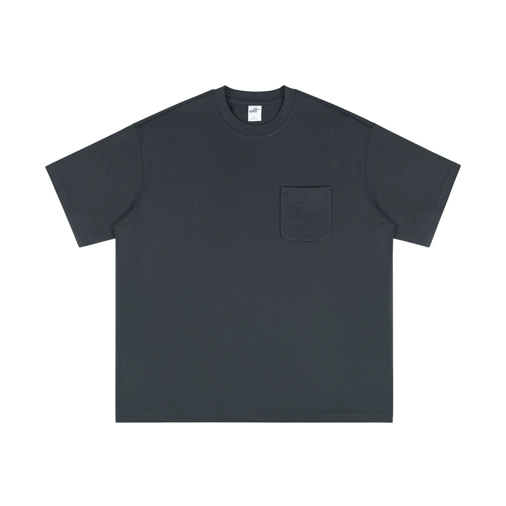 IDLT pocket T-shirt, dark gray front.