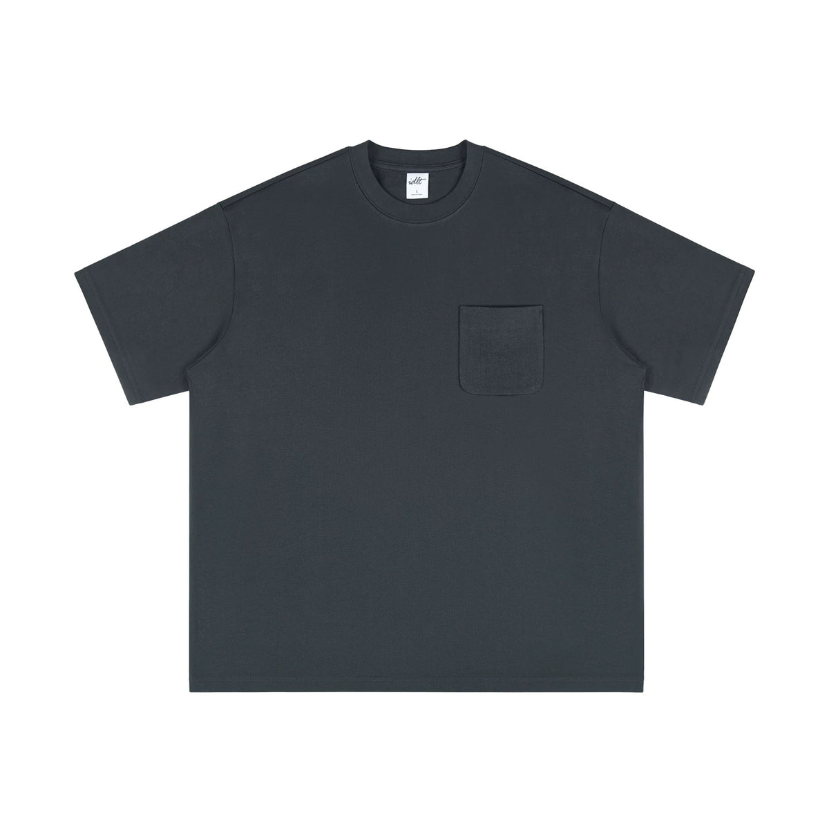 IDLT pocket T-shirt, dark gray front.