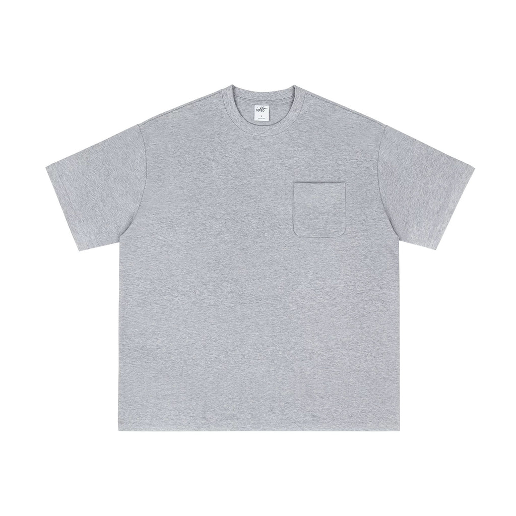IDLT pocket T-shirt, heather gray front.