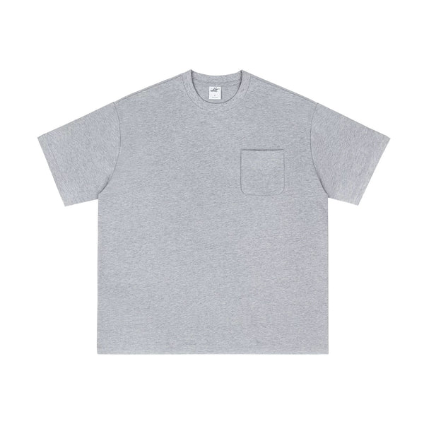 IDLT pocket T-shirt, heather gray front.