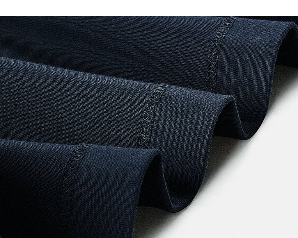 IDLT T-shirt, navy hem stitching and fabric.