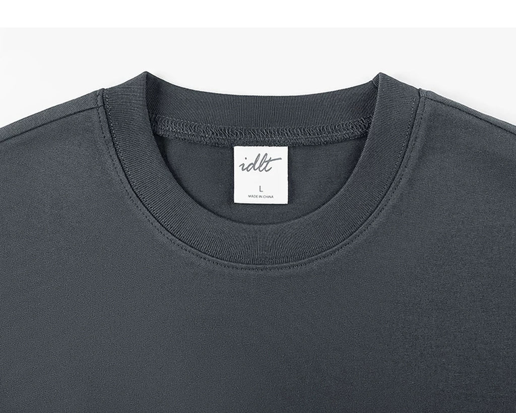 IDLT T-shirt, dark gray crewneck.