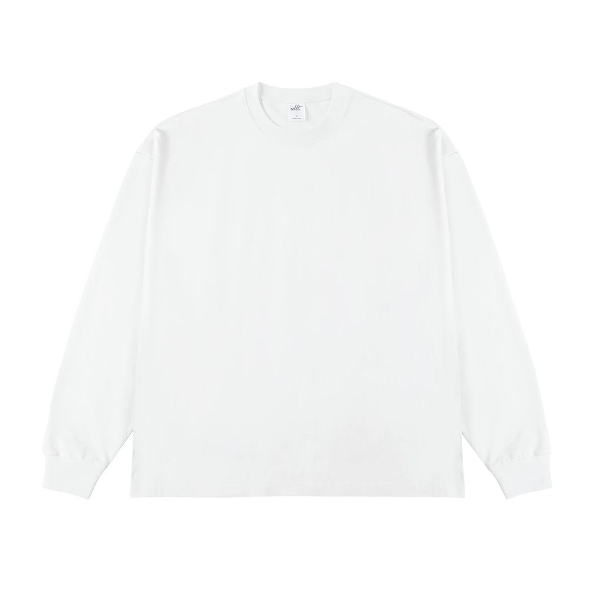 IDLT long sleeve T-shirt, white front.