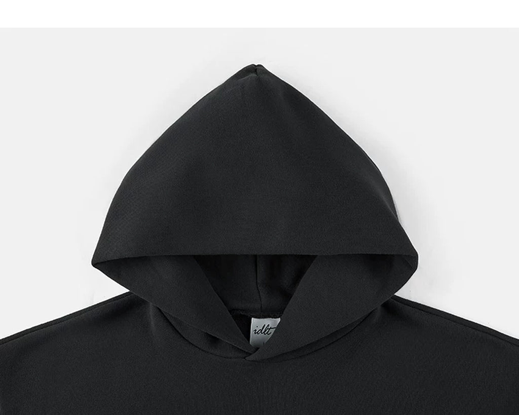 IDLT hoodie, black hood.