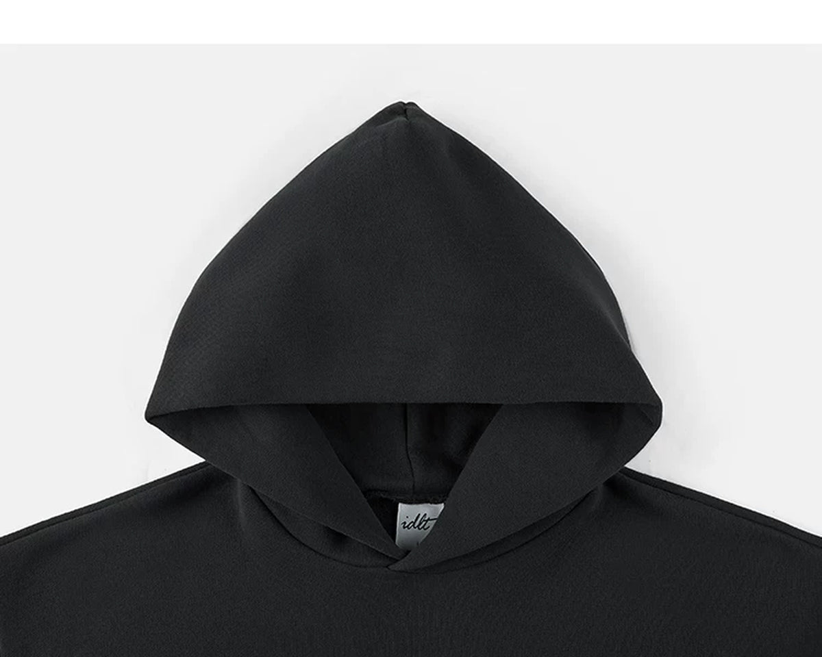 IDLT hoodie, black hood.