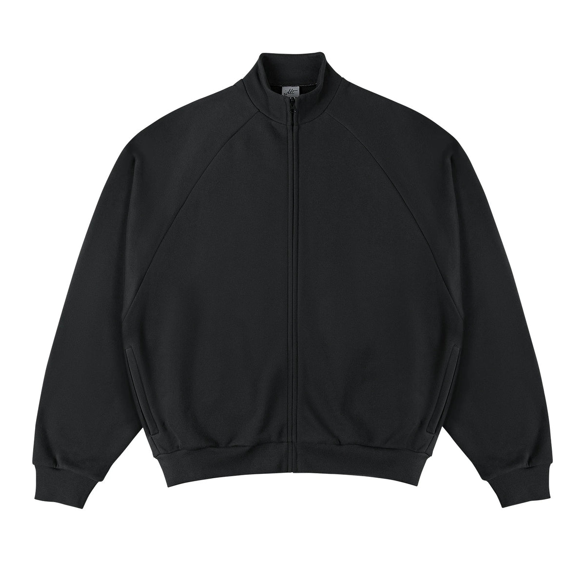 IDLT zip sweatshirt, black front.