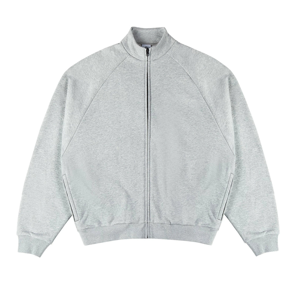 IDLT zip sweatshirt, heather gray front.