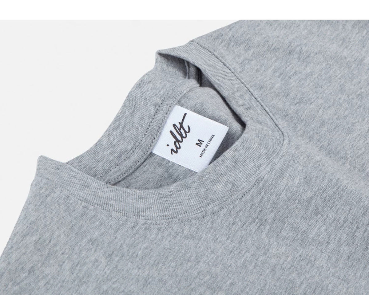 IDLT T-shirt, heather gray neckline label.