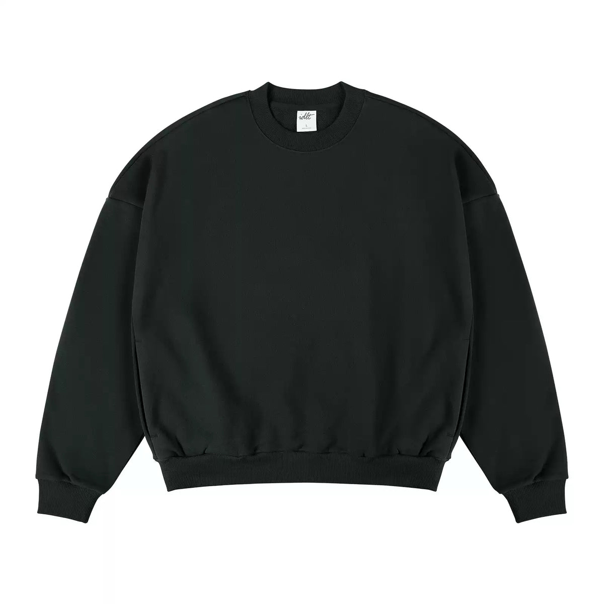 IDLT sweatshirt, black front laid flat.