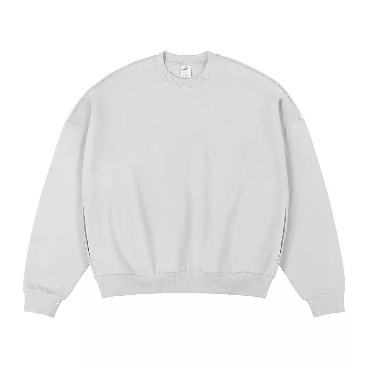 IDLT sweatshirt, cream front laid flat.