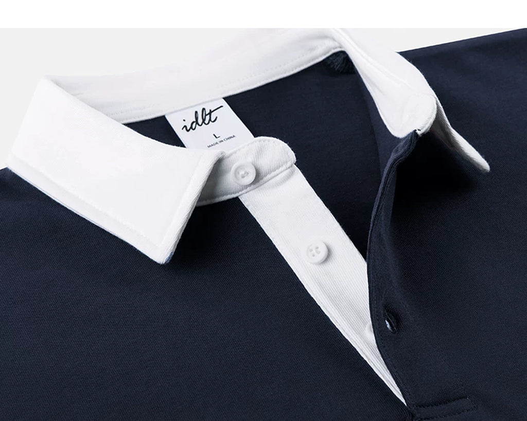 IDLT contrast collar polo, navy collar and buttons.