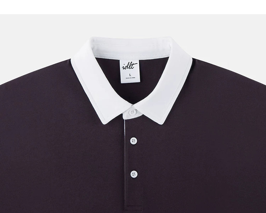 IDLT contrast collar polo, burgundy collar.