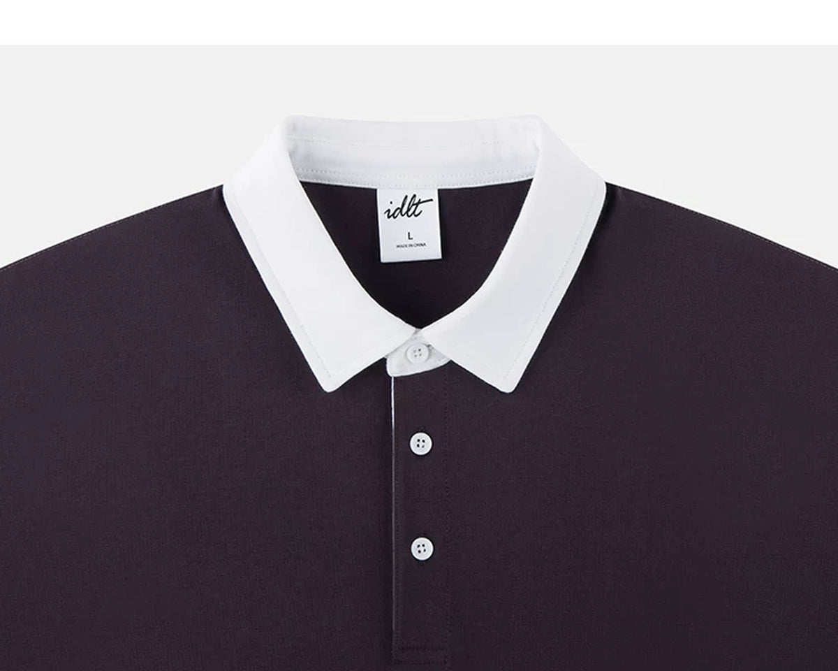 IDLT contrast collar polo, burgundy collar.