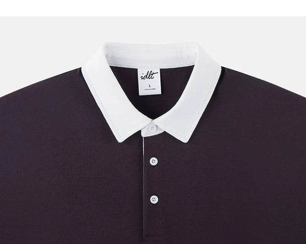 IDLT contrast collar polo, burgundy collar.