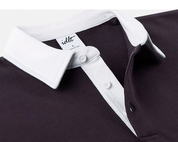 IDLT contrast collar polo, burgundy open placket.