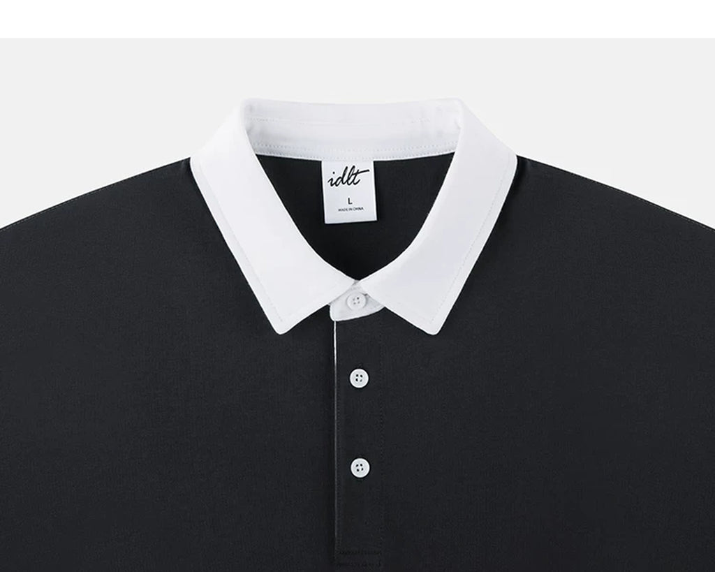 IDLT contrast collar polo, black collar.