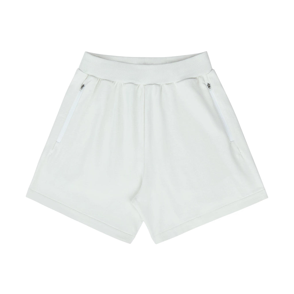 IDLT sweat shorts, white front.