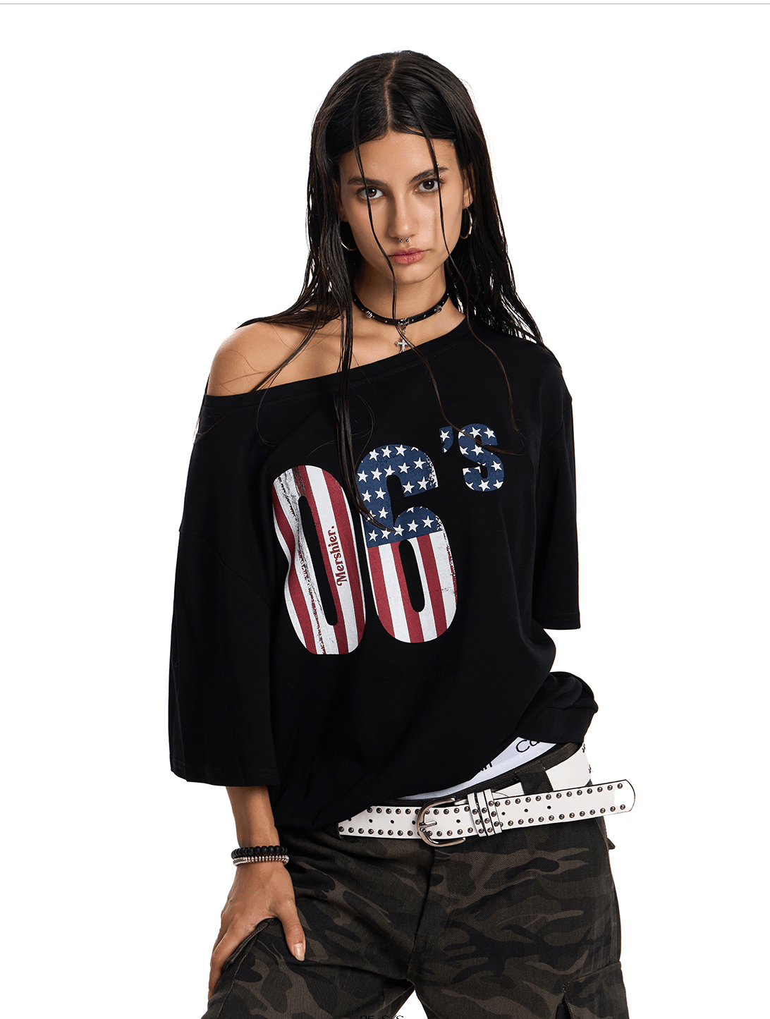 Off - Shoulder 06’s Flag Print Tee - COPPING THREADS - 0123Start