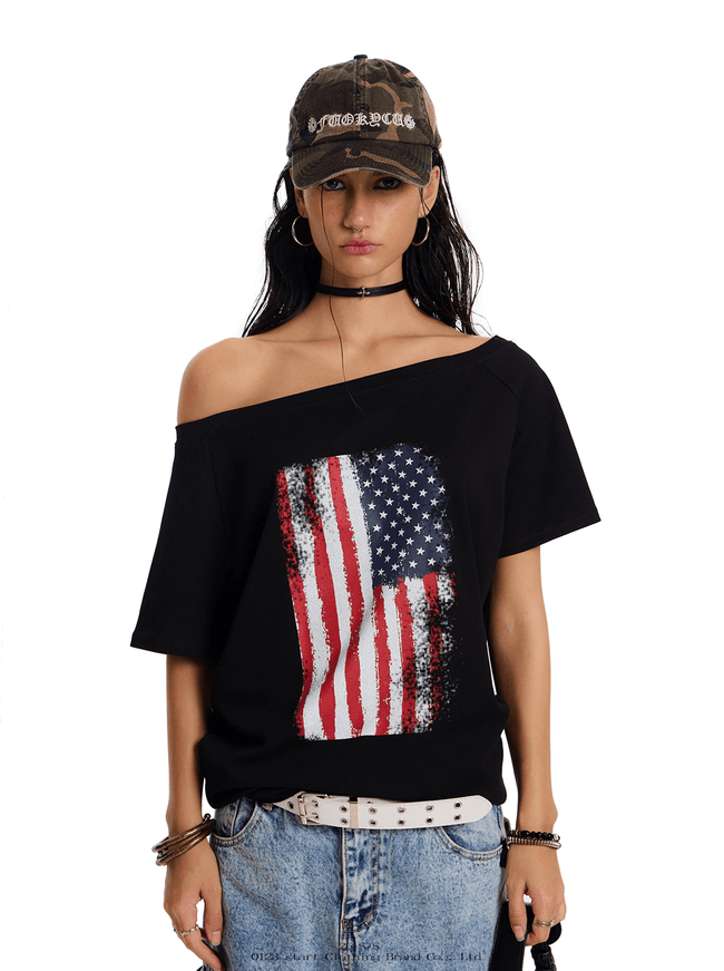 Off - Shoulder American Flag Graphic Tee - COPPING THREADS - 0123Start Hover Image