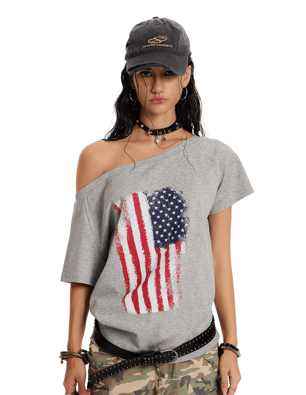 Off - Shoulder American Flag Graphic Tee - COPPING THREADS - 0123Start