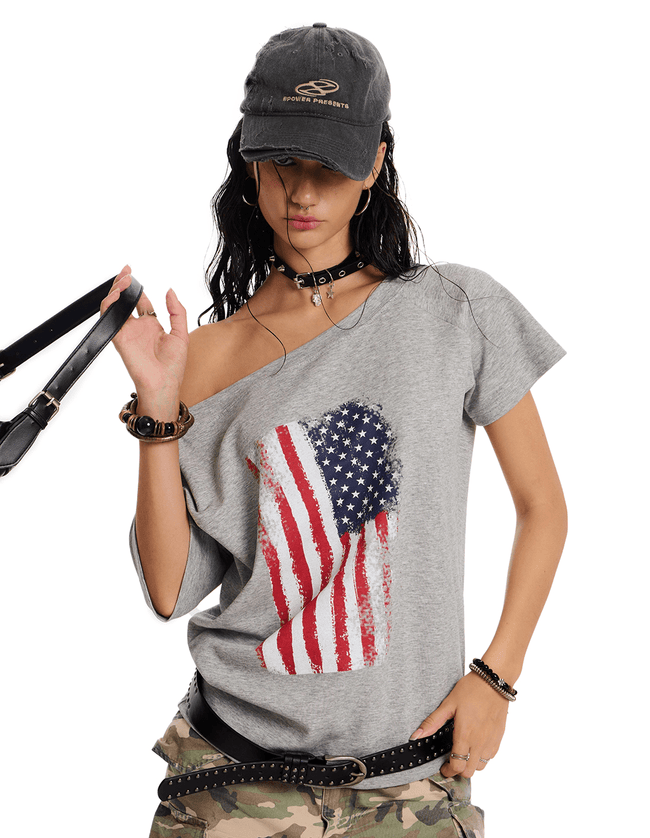 Off-Shoulder American Flag Graphic Tee Main Image