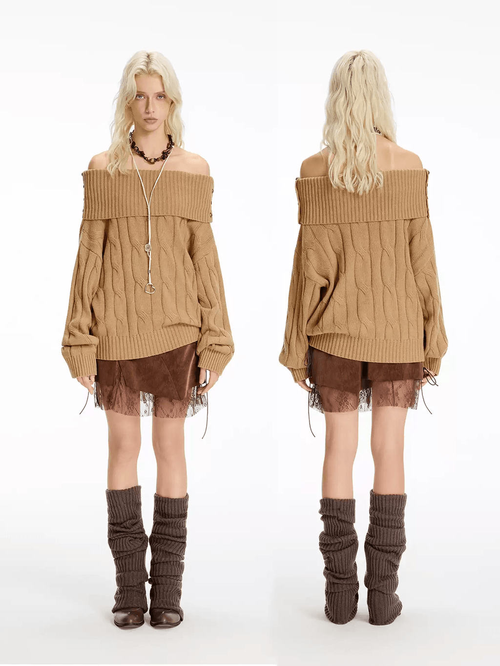 Off - Shoulder Cable Knit Sweater - COPPING THREADS - CHICISLAND